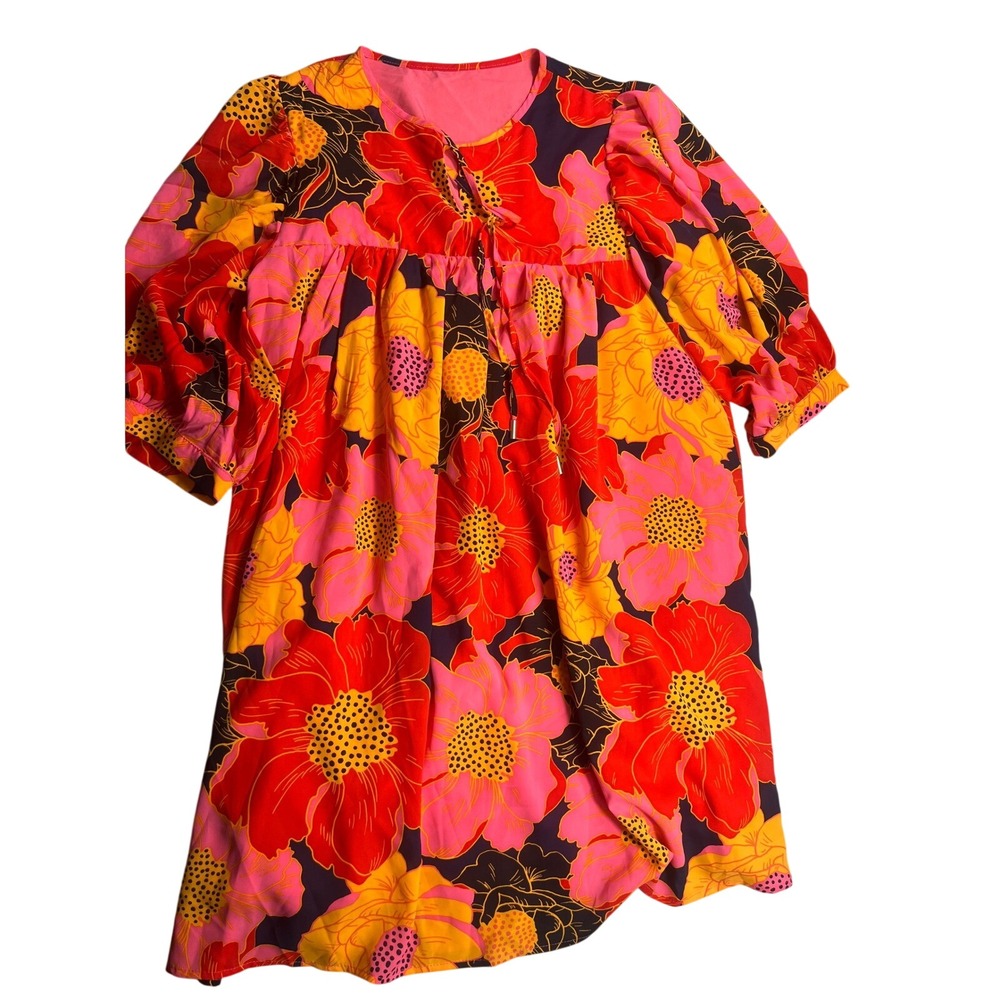 Womens XL Floral Babydoll Mini Dress Pink Orange Red Puff Sleeve Mod Retro
